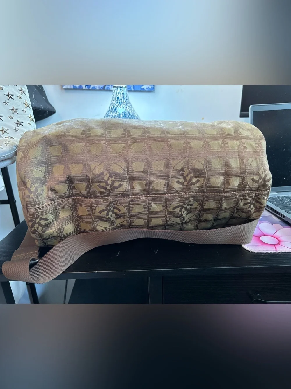 Authentic Vintage Chanel Travel Ligne Nylon Jacquard Barrel Bag